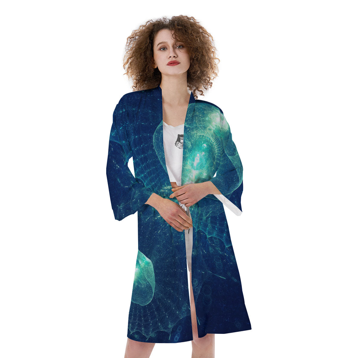 Blue Jellyfish On Deep Sea Print Kimono-grizzshop