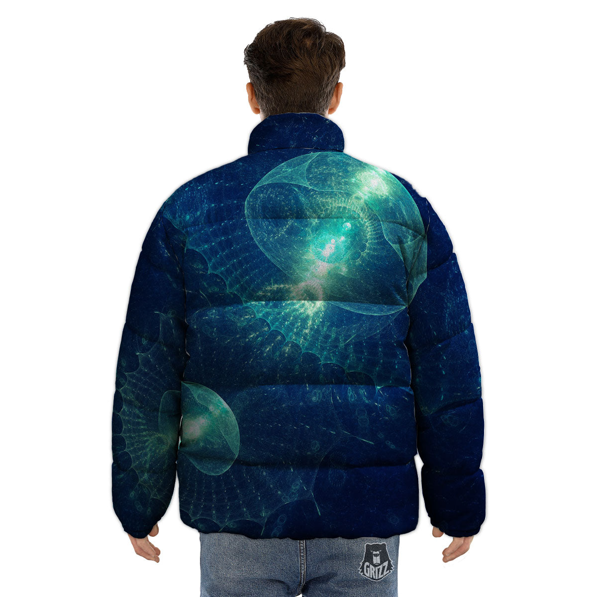 Blue Jellyfish On Deep Sea Print Puffer Jacket-grizzshop