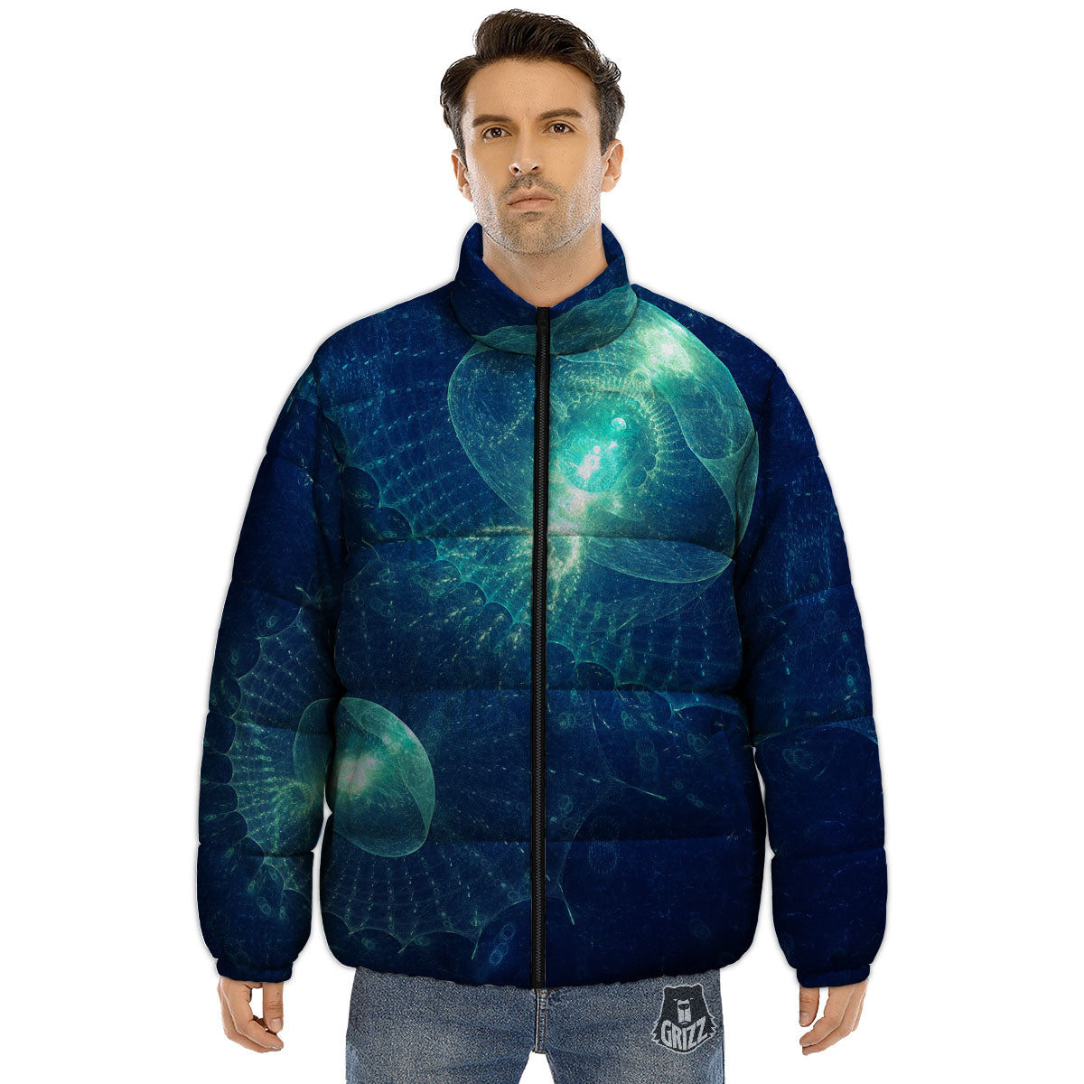 Blue Jellyfish On Deep Sea Print Puffer Jacket-grizzshop