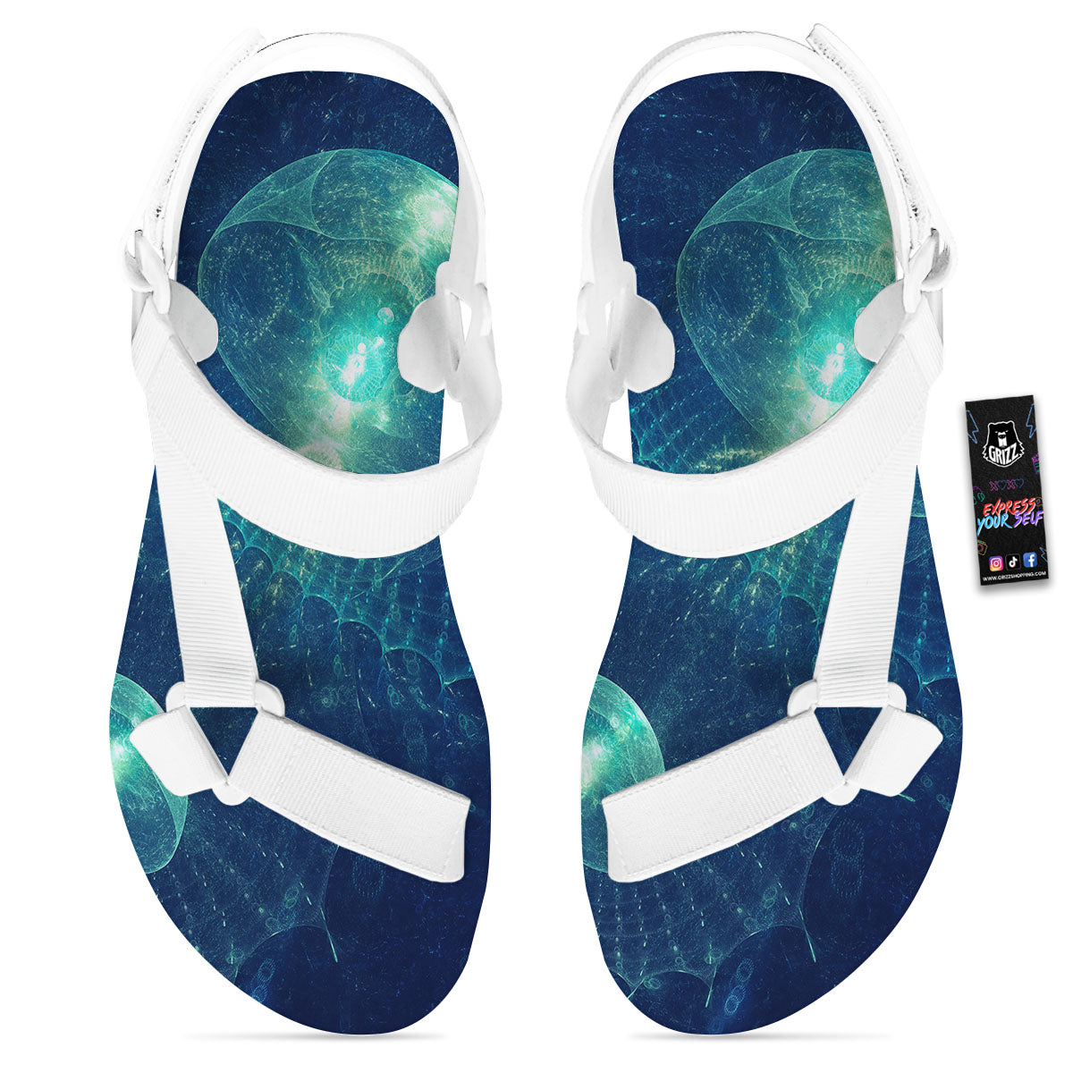 Blue Jellyfish On Deep Sea Print White Open Toe Sandals-grizzshop
