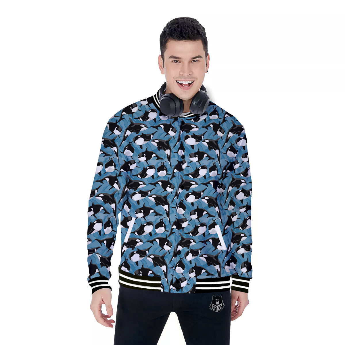 Blue Killer Whale Print Pattern Baseball Jacket-grizzshop