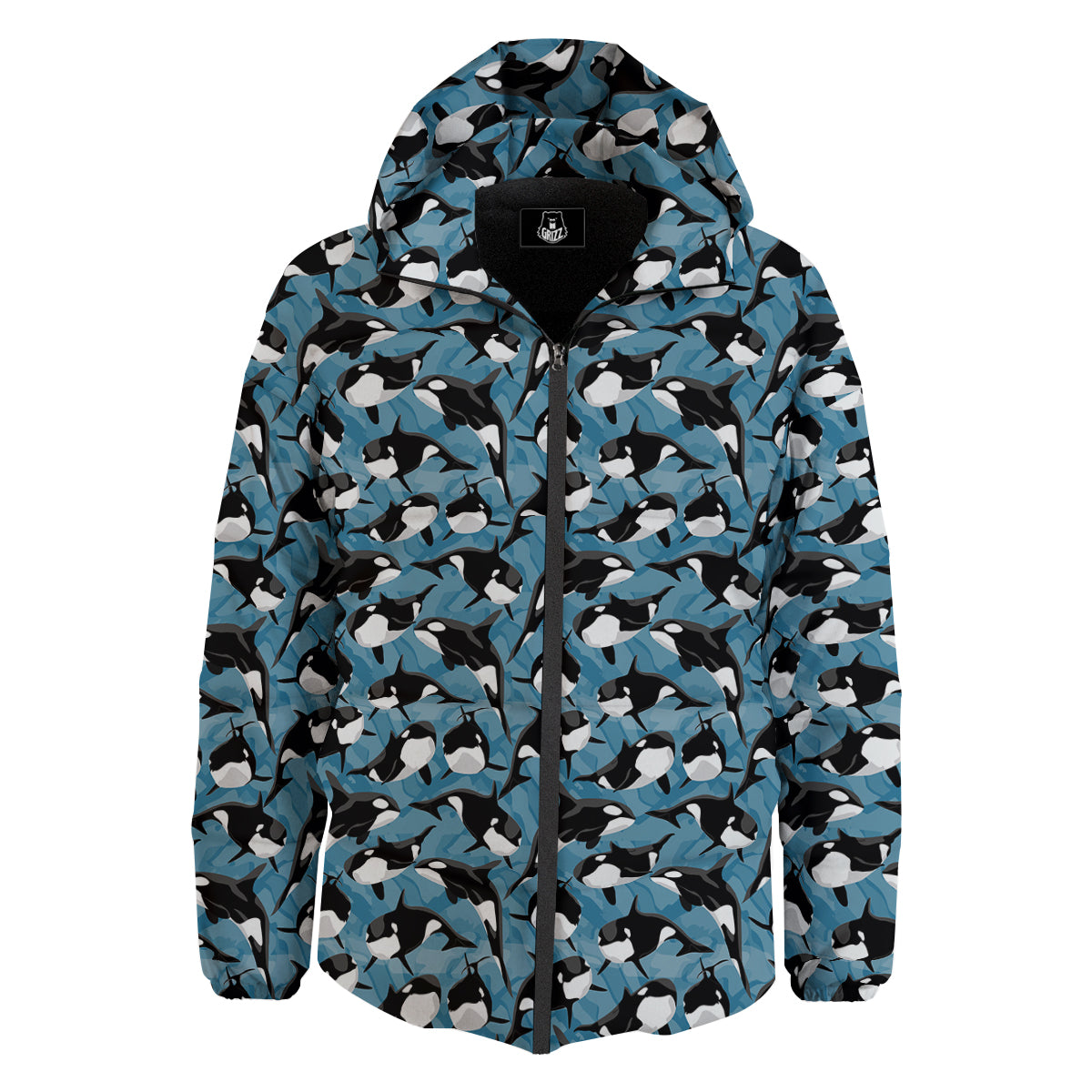 Blue Killer Whale Print Pattern Down Jacket-grizzshop