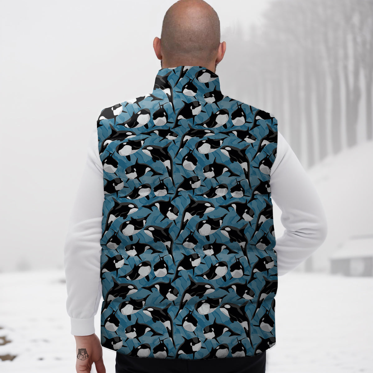 Blue Killer Whale Print Pattern Down Vest-grizzshop