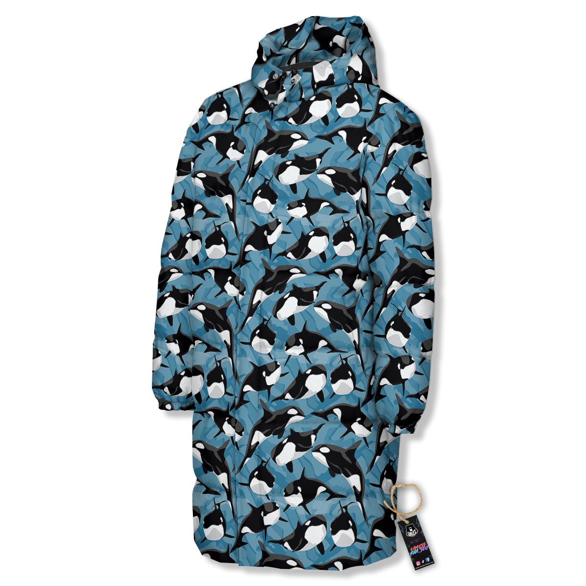 Blue Killer Whale Print Pattern Long Down Jacket-grizzshop