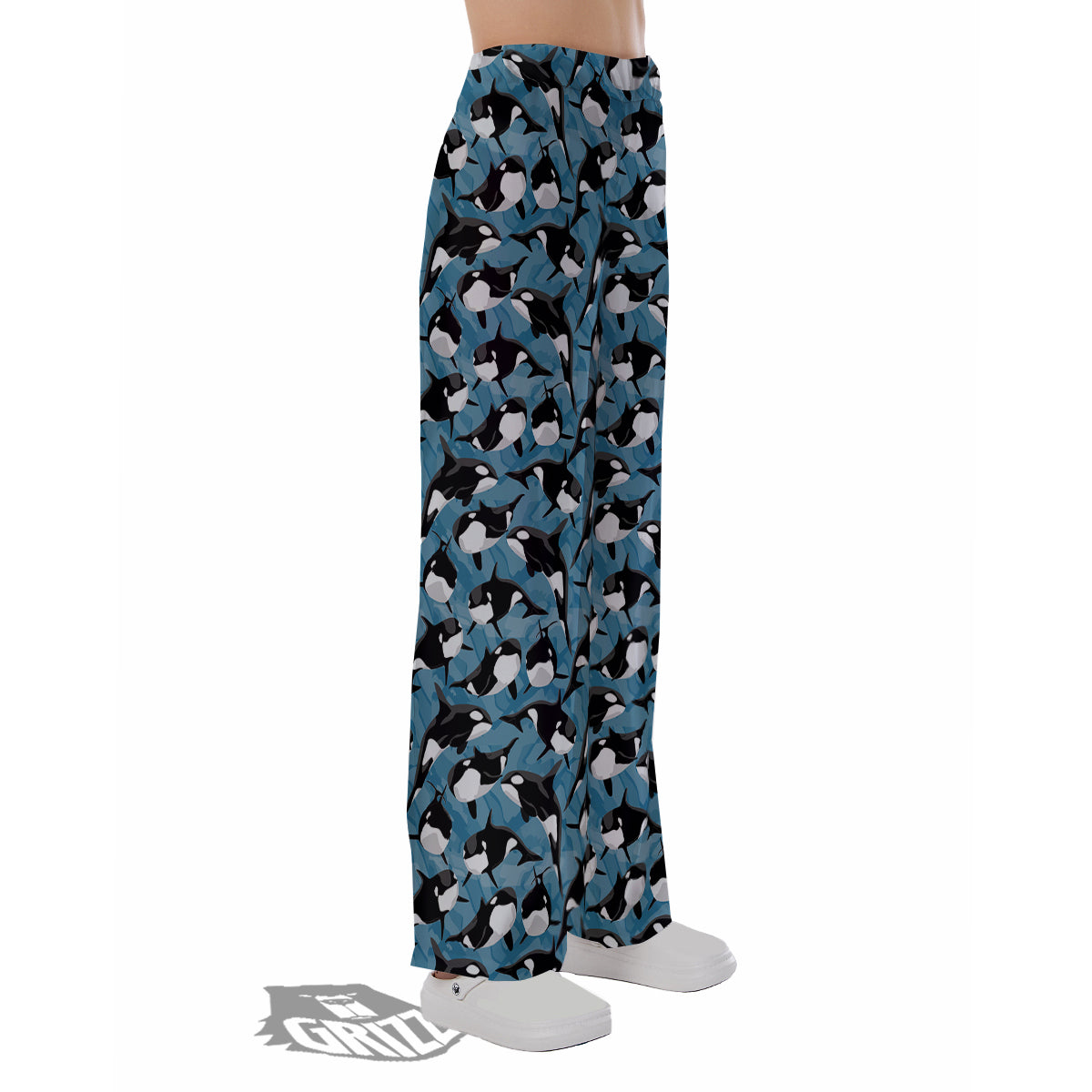 Blue Killer Whale Print Pattern Pajama Pants-grizzshop