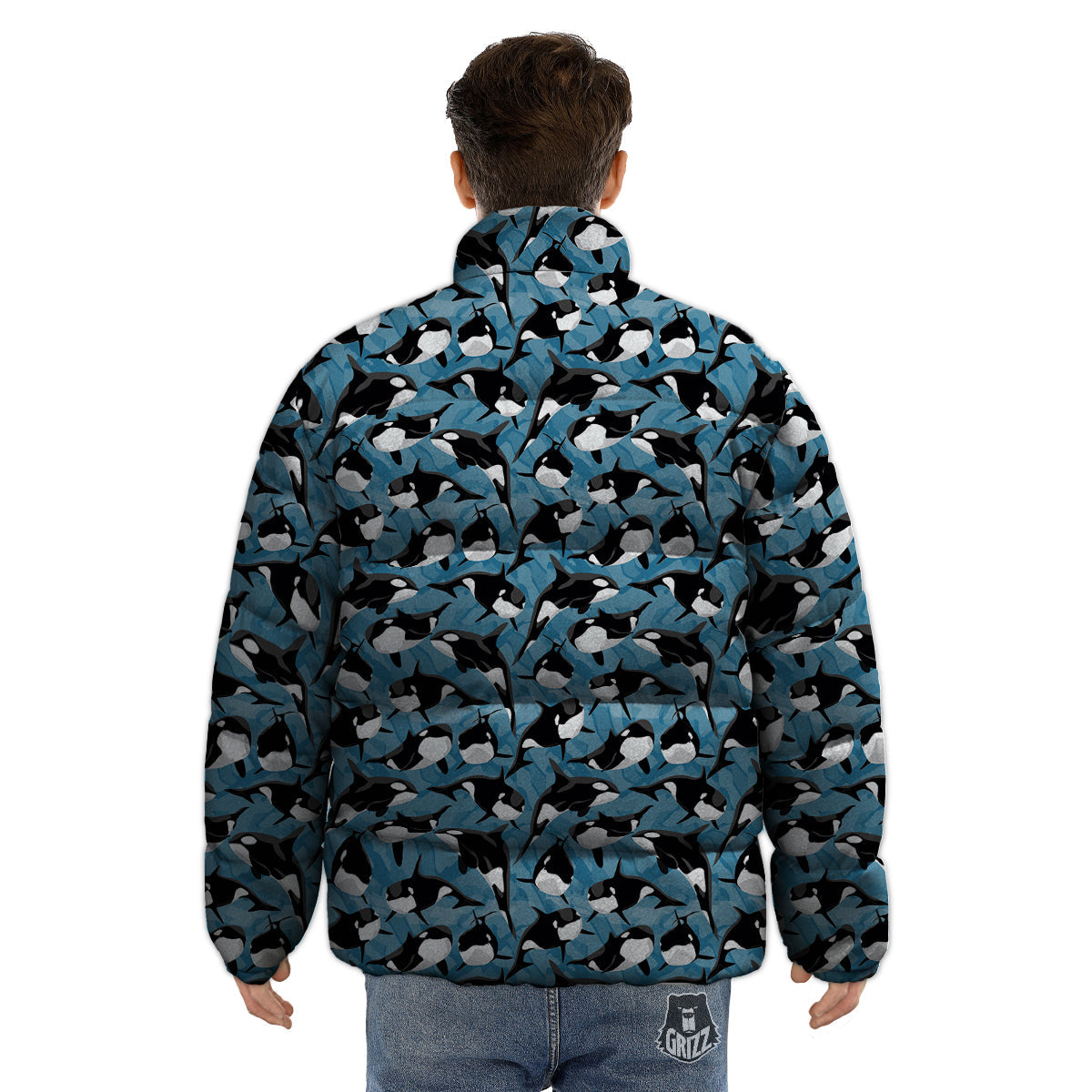 Blue Killer Whale Print Pattern Puffer Jacket-grizzshop