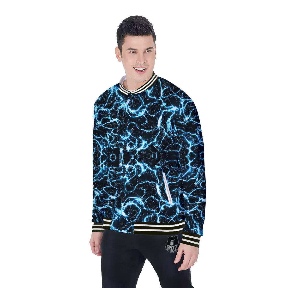 Blue Lightning Explosion Print Pattern Baseball Jacket-grizzshop