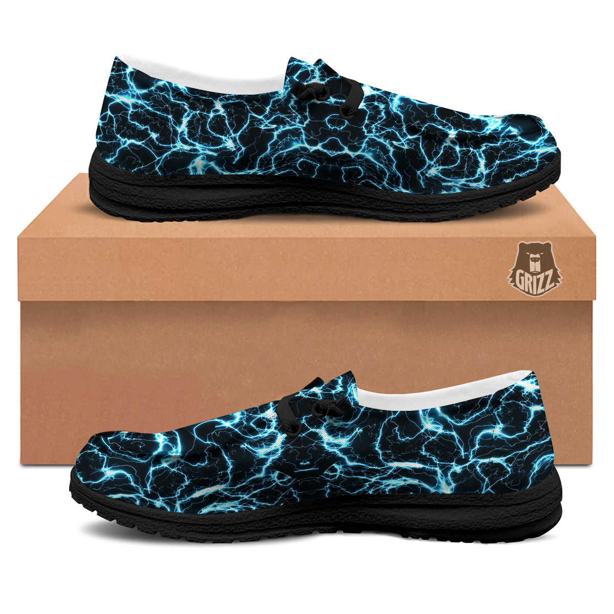 Blue Lightning Explosion Print Pattern Black Loafers-grizzshop