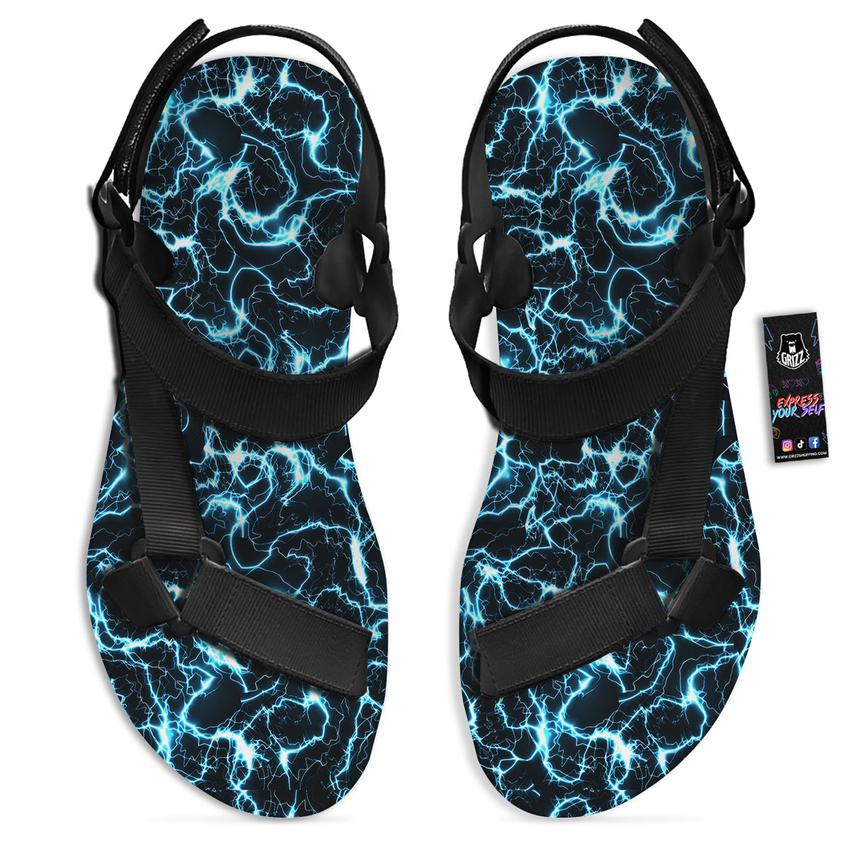 Blue Lightning Explosion Print Pattern Black Open Toe Sandals-grizzshop