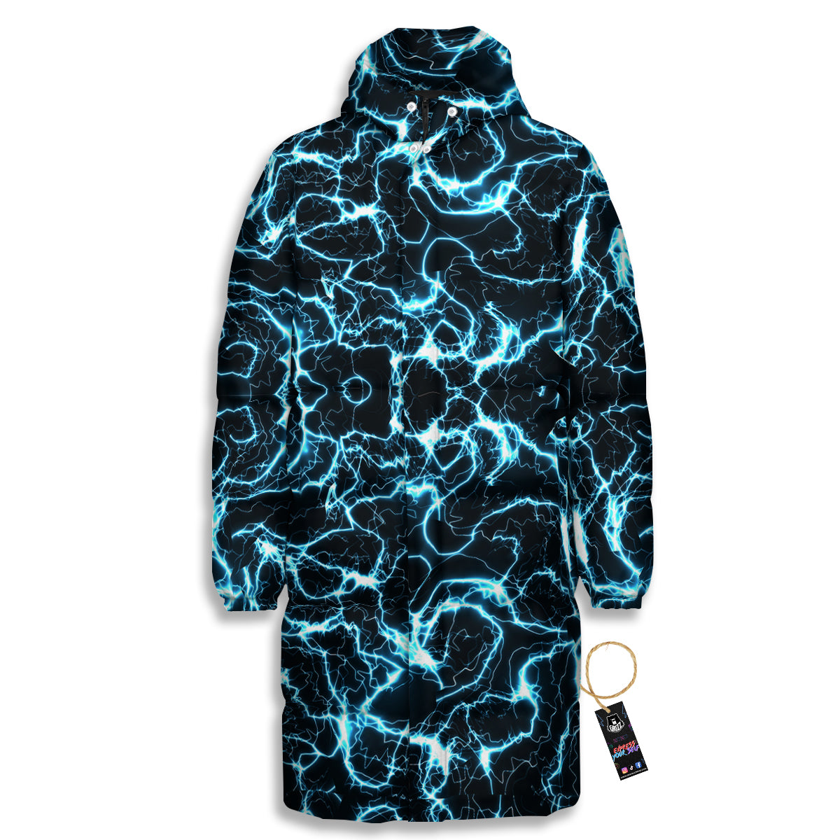 Blue Lightning Explosion Print Pattern Long Down Jacket-grizzshop