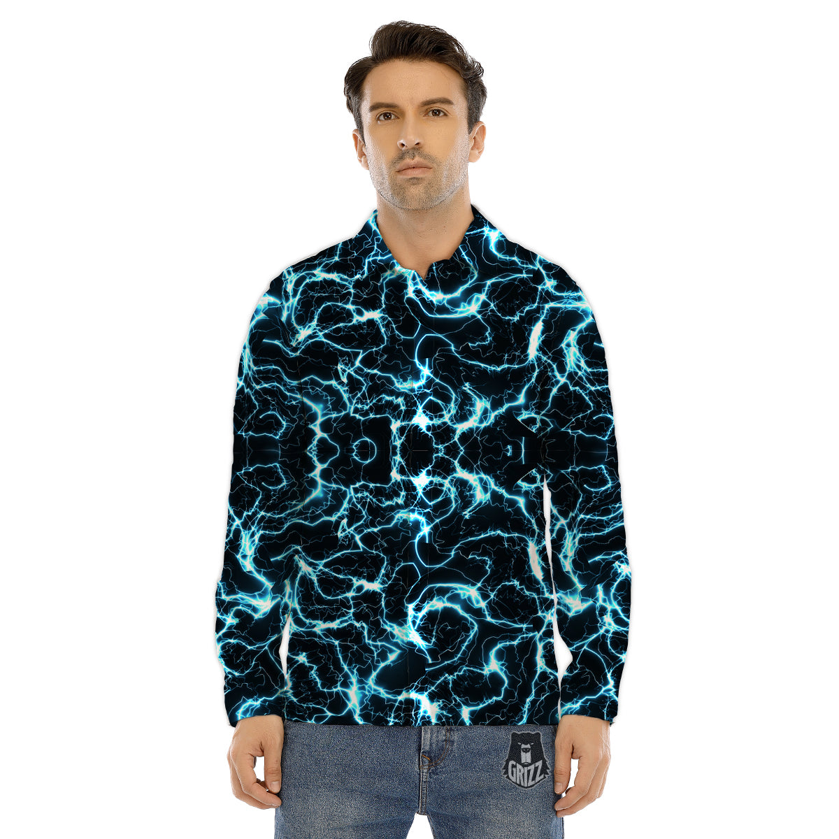 Blue Lightning Explosion Print Pattern Men's Dress Shirts-grizzshop