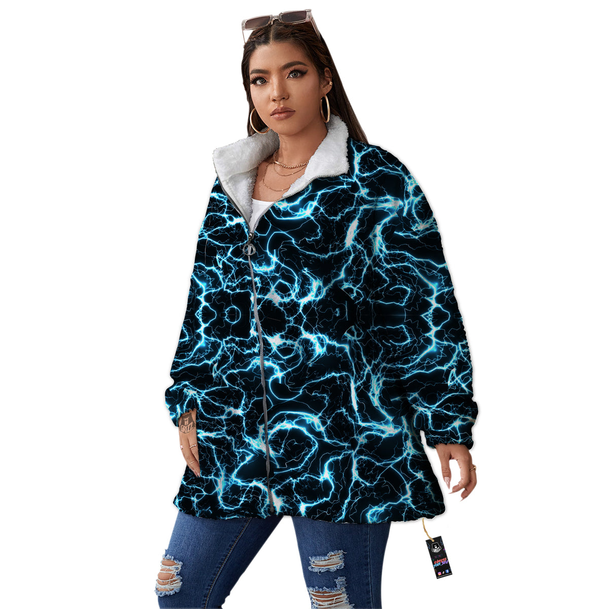 Blue Lightning Explosion Print Pattern Women's Sherpa Jacket-grizzshop
