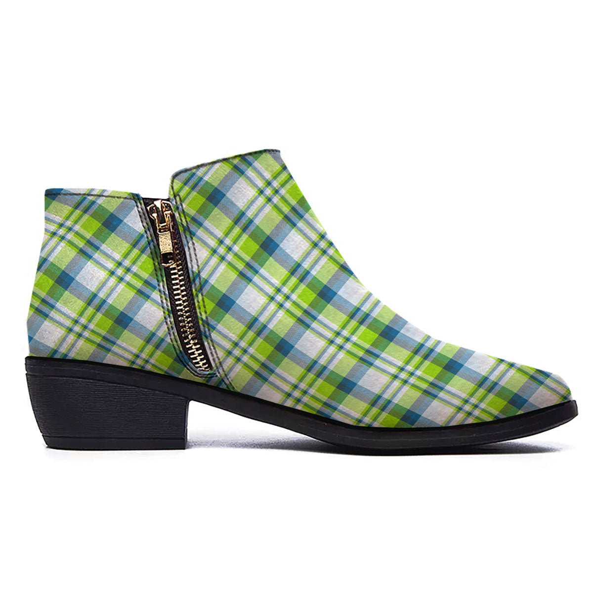 Blue Madras Plaid And Lime Print Pattern Ankle Boots-grizzshop
