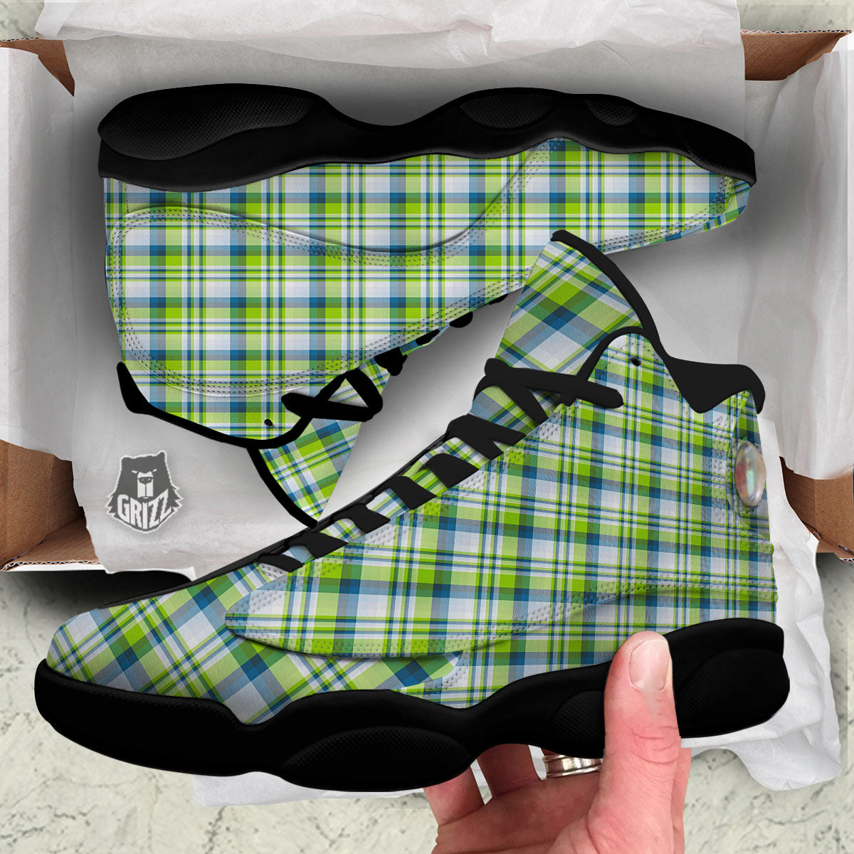Blue Madras Plaid And Lime Print Pattern Black Basketball Shoes-grizzshop