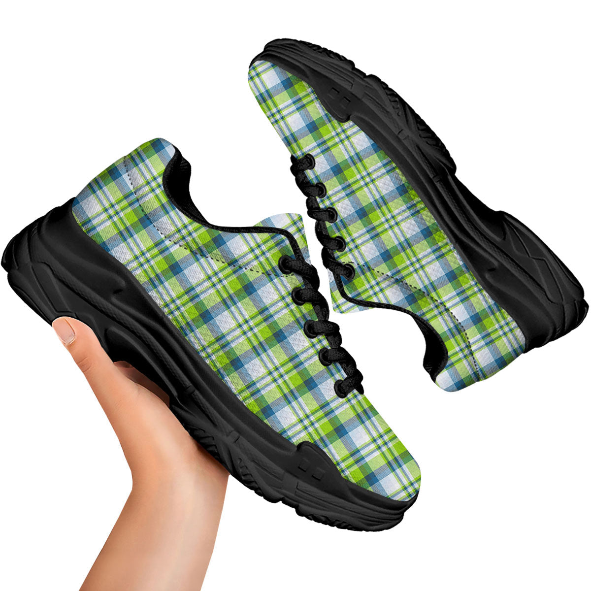 Blue Madras Plaid And Lime Print Pattern Black Chunky Shoes-grizzshop