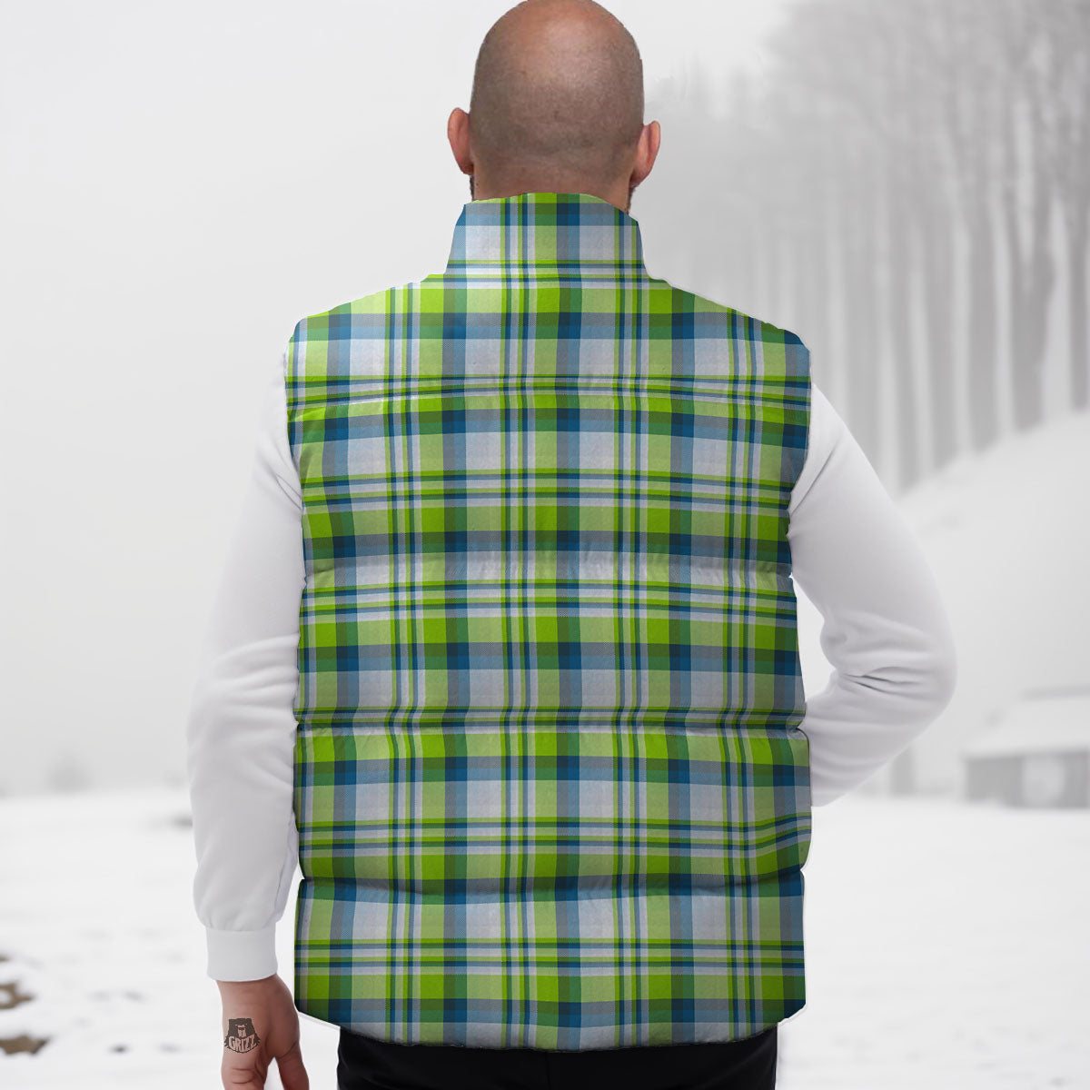 Blue Madras Plaid And Lime Print Pattern Down Vest