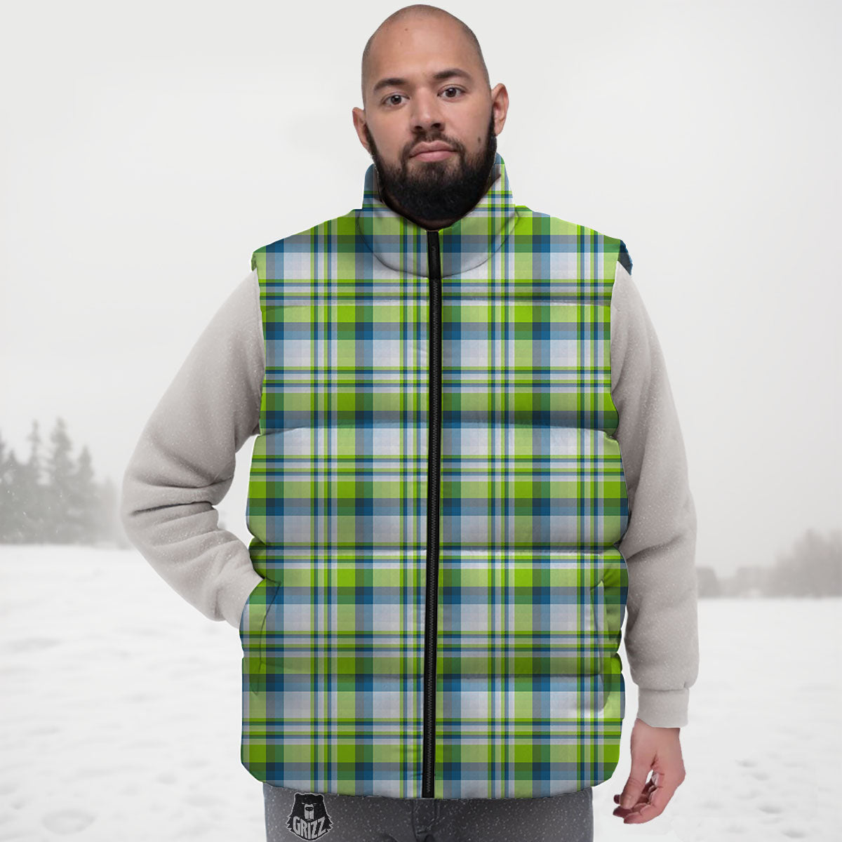 Blue Madras Plaid And Lime Print Pattern Down Vest