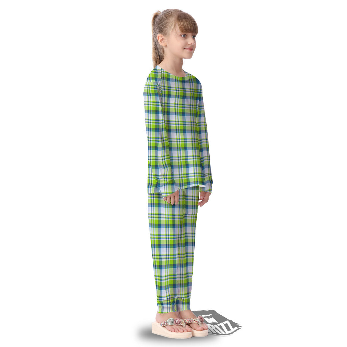 Blue Madras Plaid And Lime Print Pattern Kid's Pajamas-grizzshop