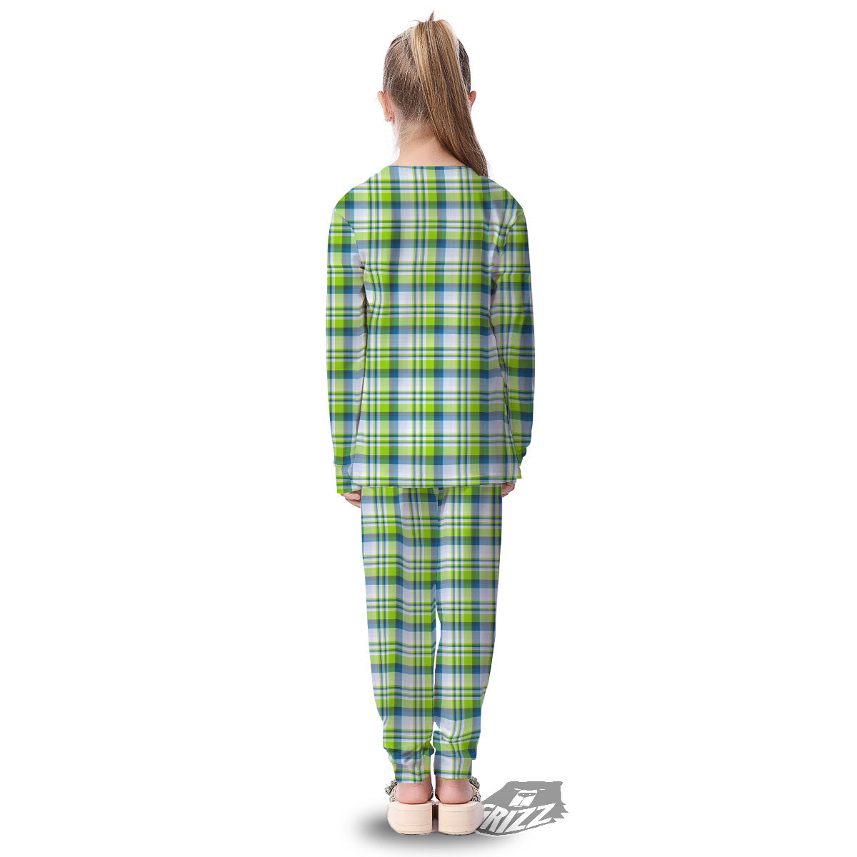 Blue Madras Plaid And Lime Print Pattern Kid's Pajamas-grizzshop