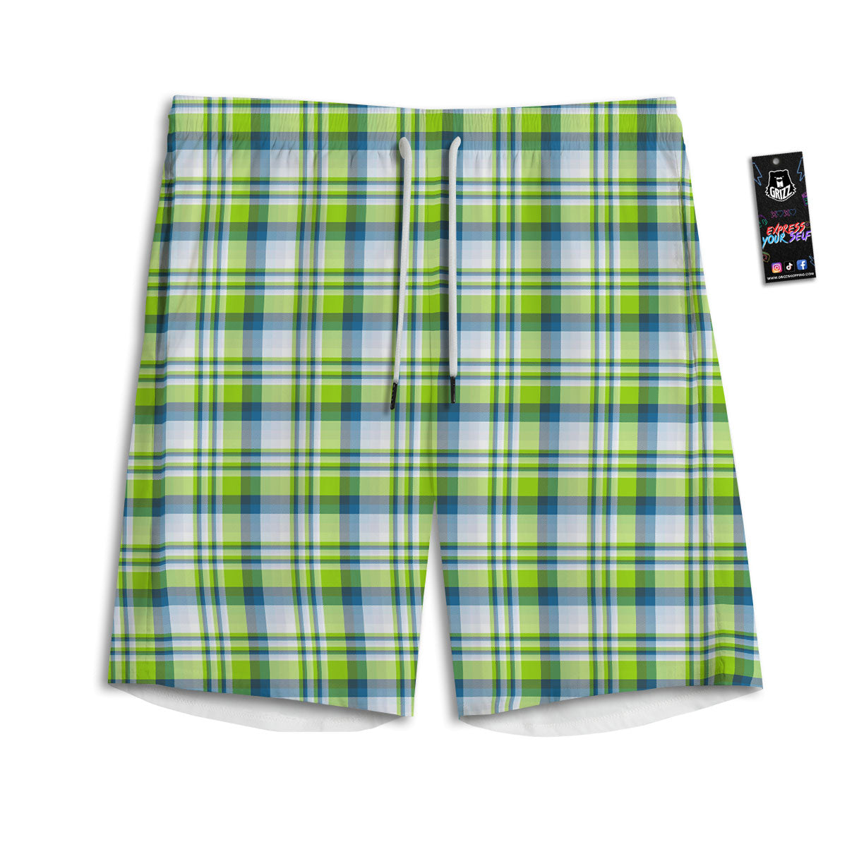Blue Madras Plaid And Lime Print Pattern Men's Athletic Shorts