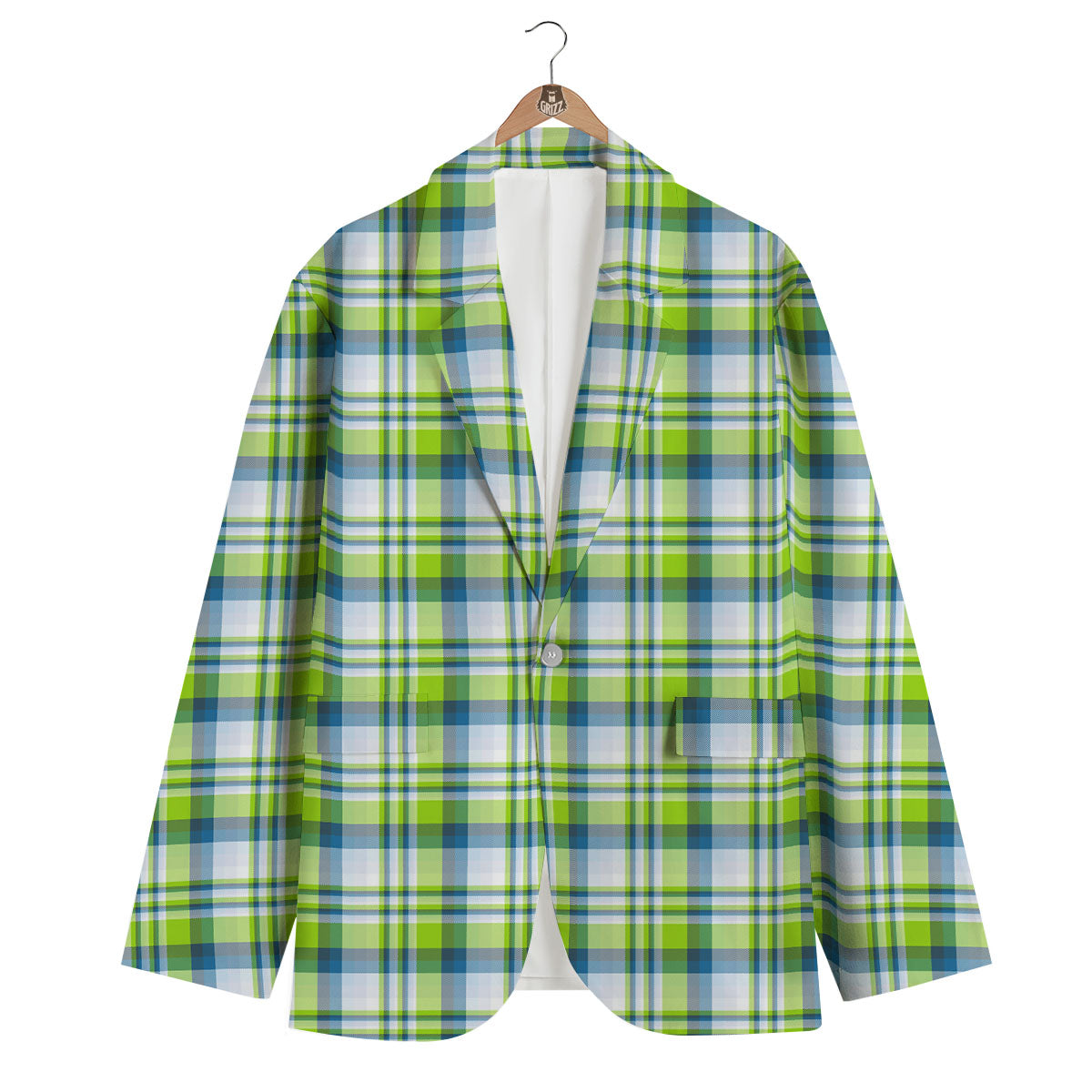 Blue Madras Plaid And Lime Print Pattern Men's Blazer-grizzshop