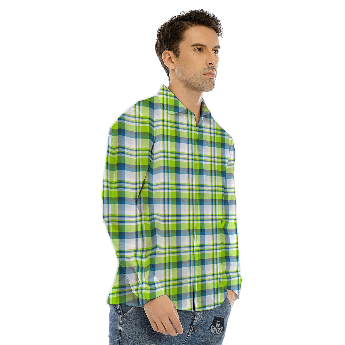 Blue Madras Plaid And Lime Print Pattern Men's Dress Shirts-grizzshop