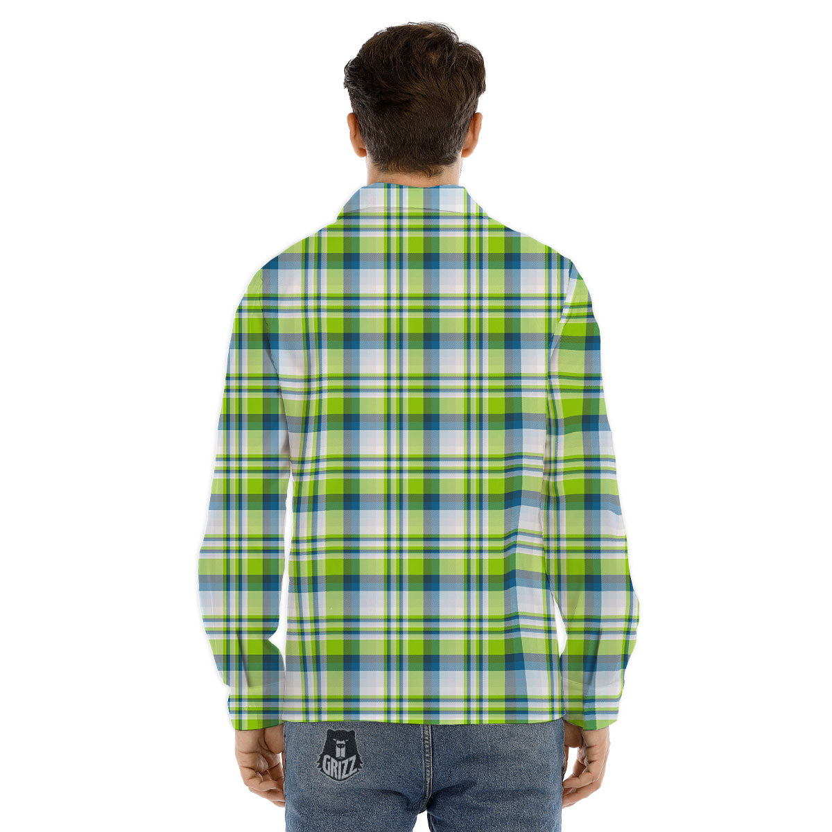 Blue Madras Plaid And Lime Print Pattern Men's Dress Shirts-grizzshop