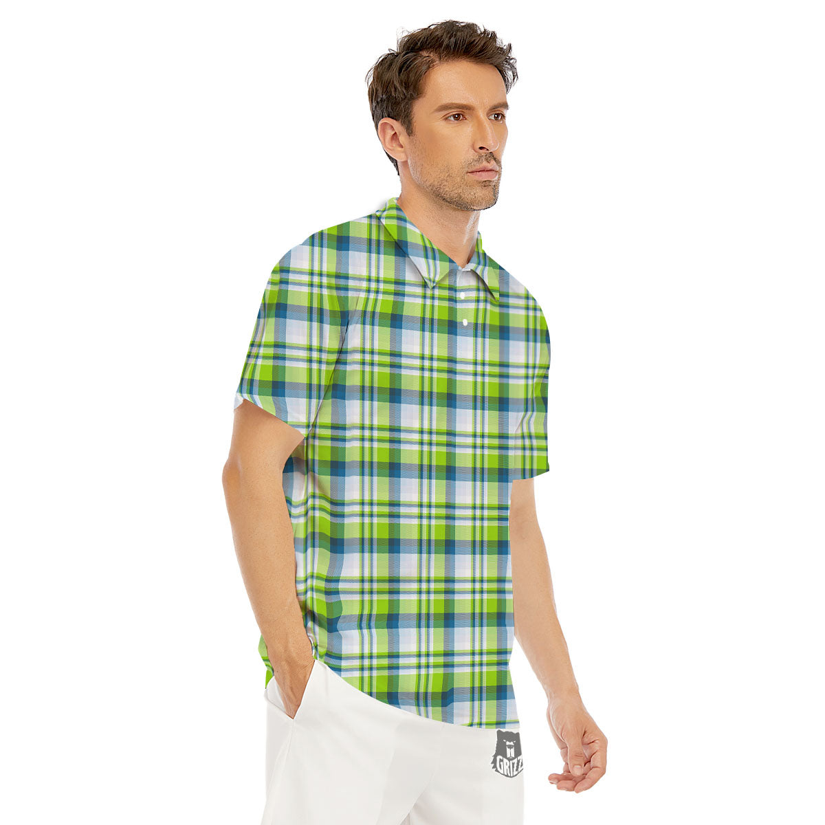 Blue Madras Plaid And Lime Print Pattern Men's Golf Shirts-grizzshop