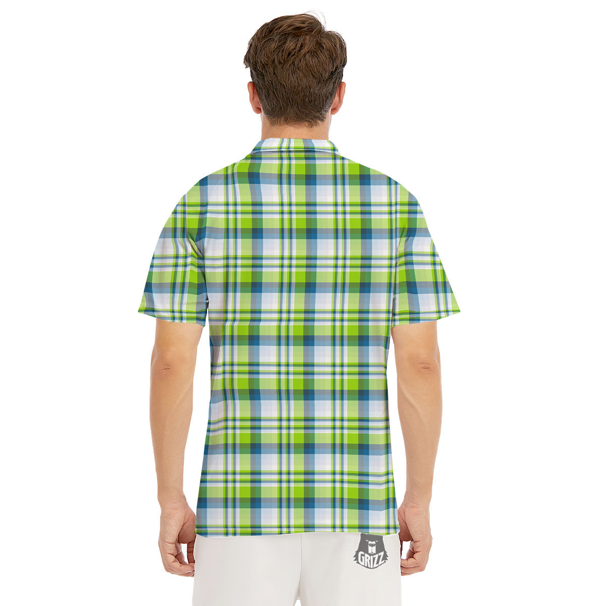 Blue Madras Plaid And Lime Print Pattern Men's Golf Shirts-grizzshop
