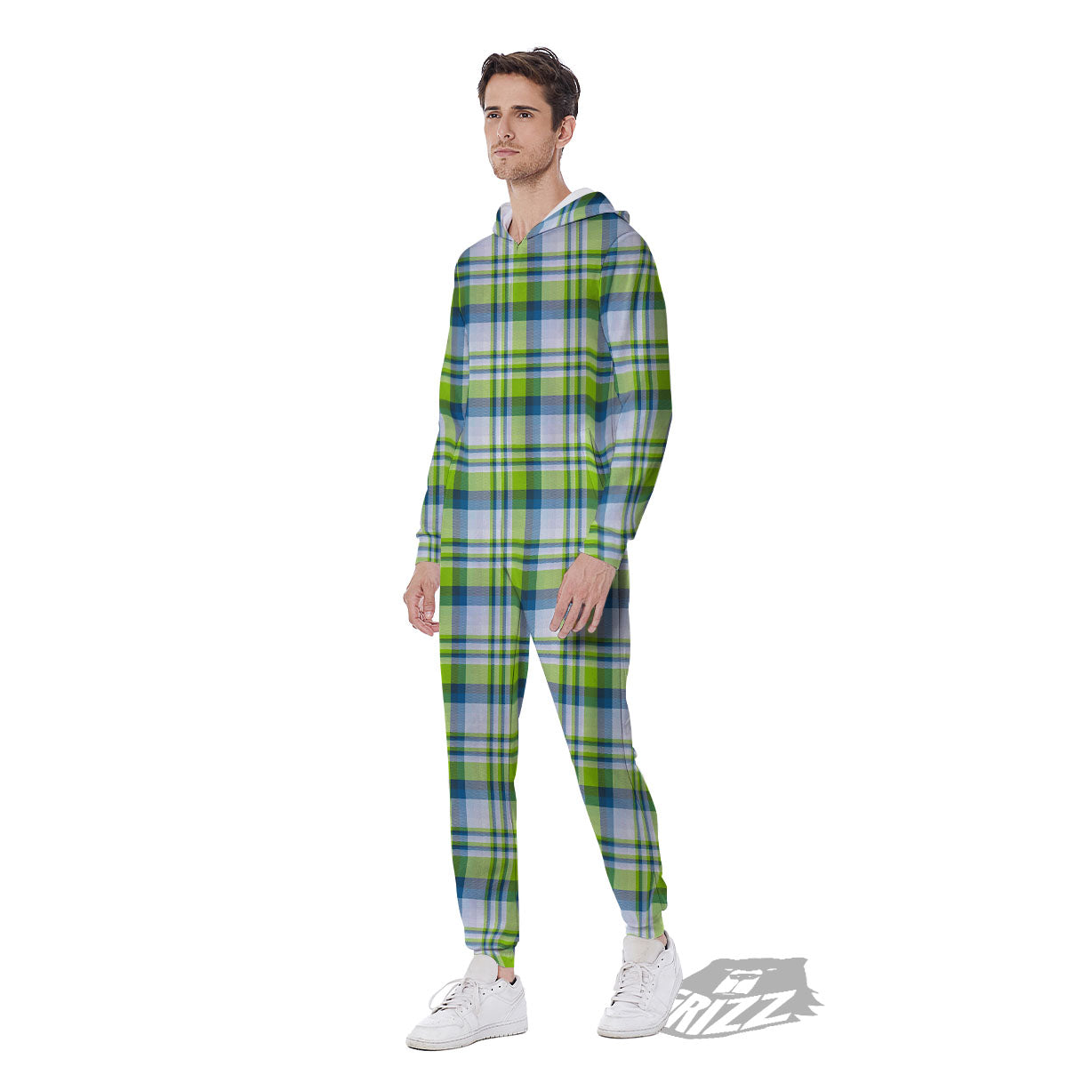 Blue Madras Plaid And Lime Print Pattern Men's Jumpsuit-grizzshop