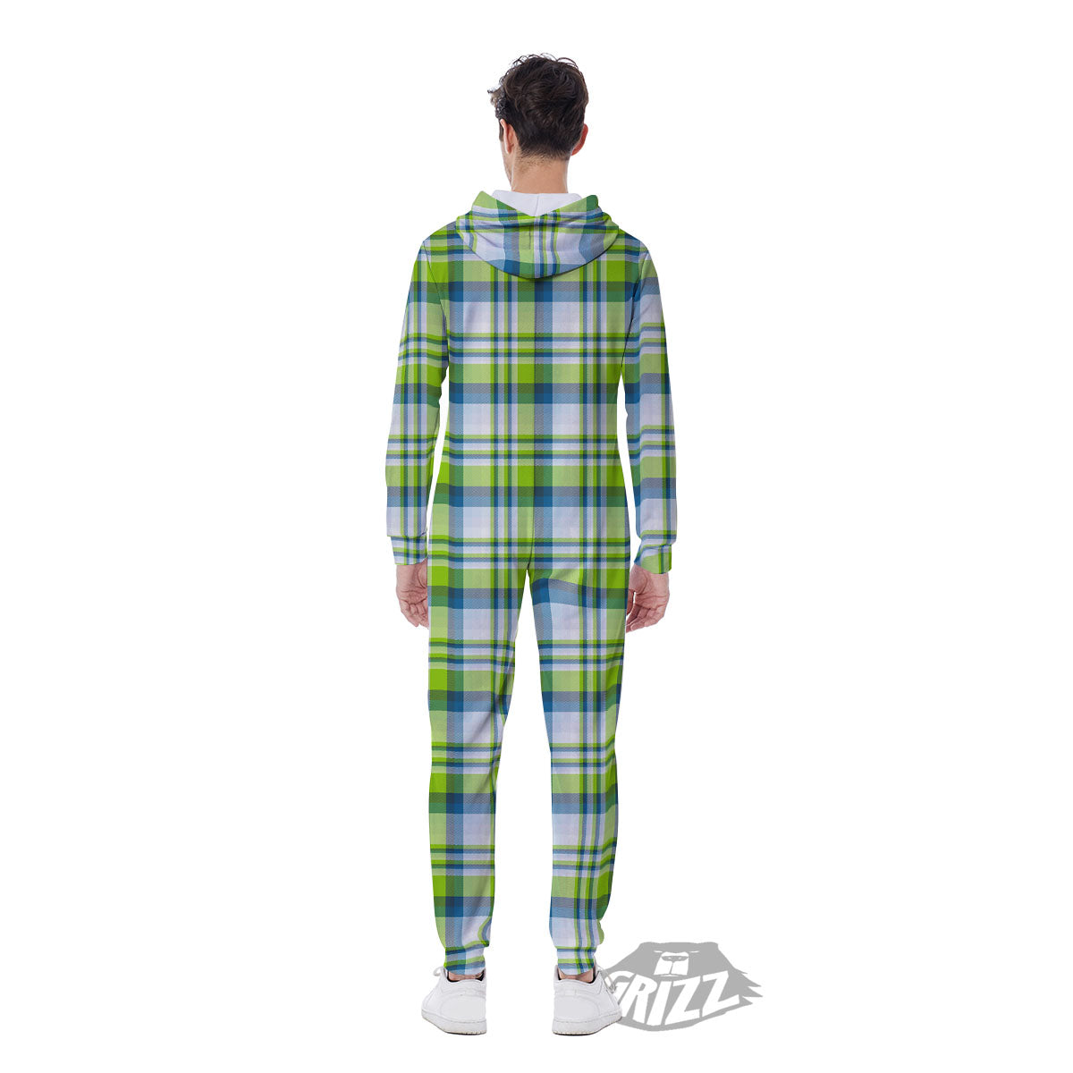 Blue Madras Plaid And Lime Print Pattern Men's Jumpsuit-grizzshop