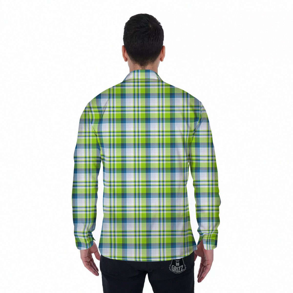 Blue Madras Plaid And Lime Print Pattern Men's Long Sleeve Shirts-grizzshop