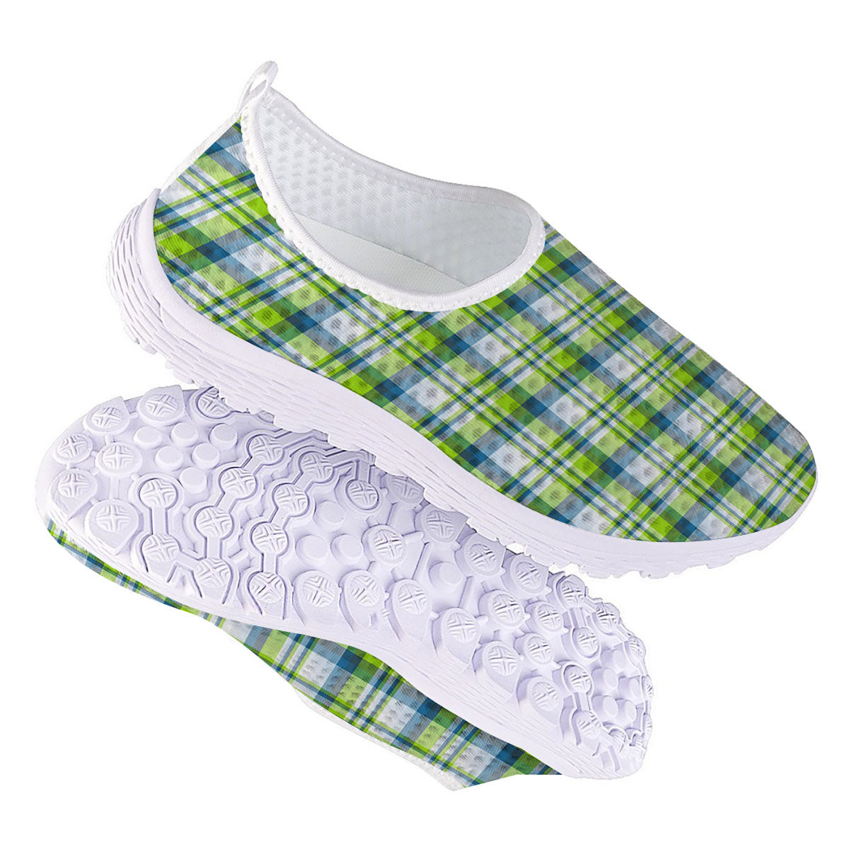 Blue Madras Plaid And Lime Print Pattern Nurse Shoes-grizzshop