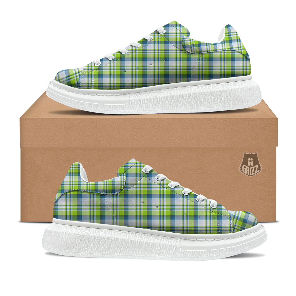 Blue Madras Plaid And Lime Print Pattern Platform Shoes-grizzshop
