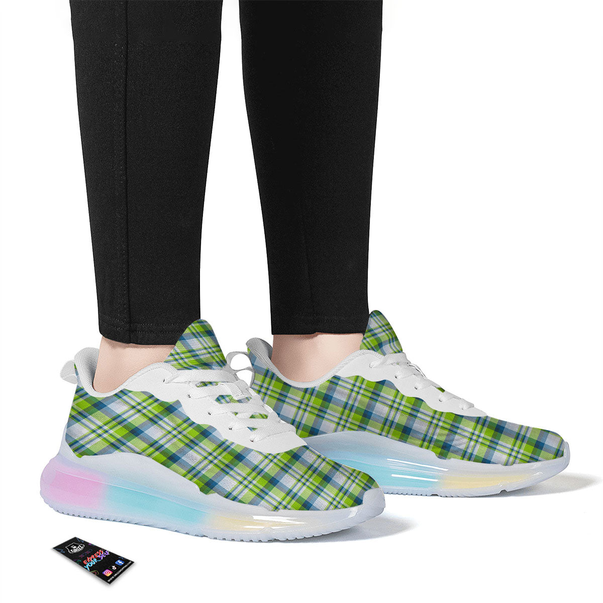 Blue Madras Plaid And Lime Print Pattern Running Sneakers-grizzshop