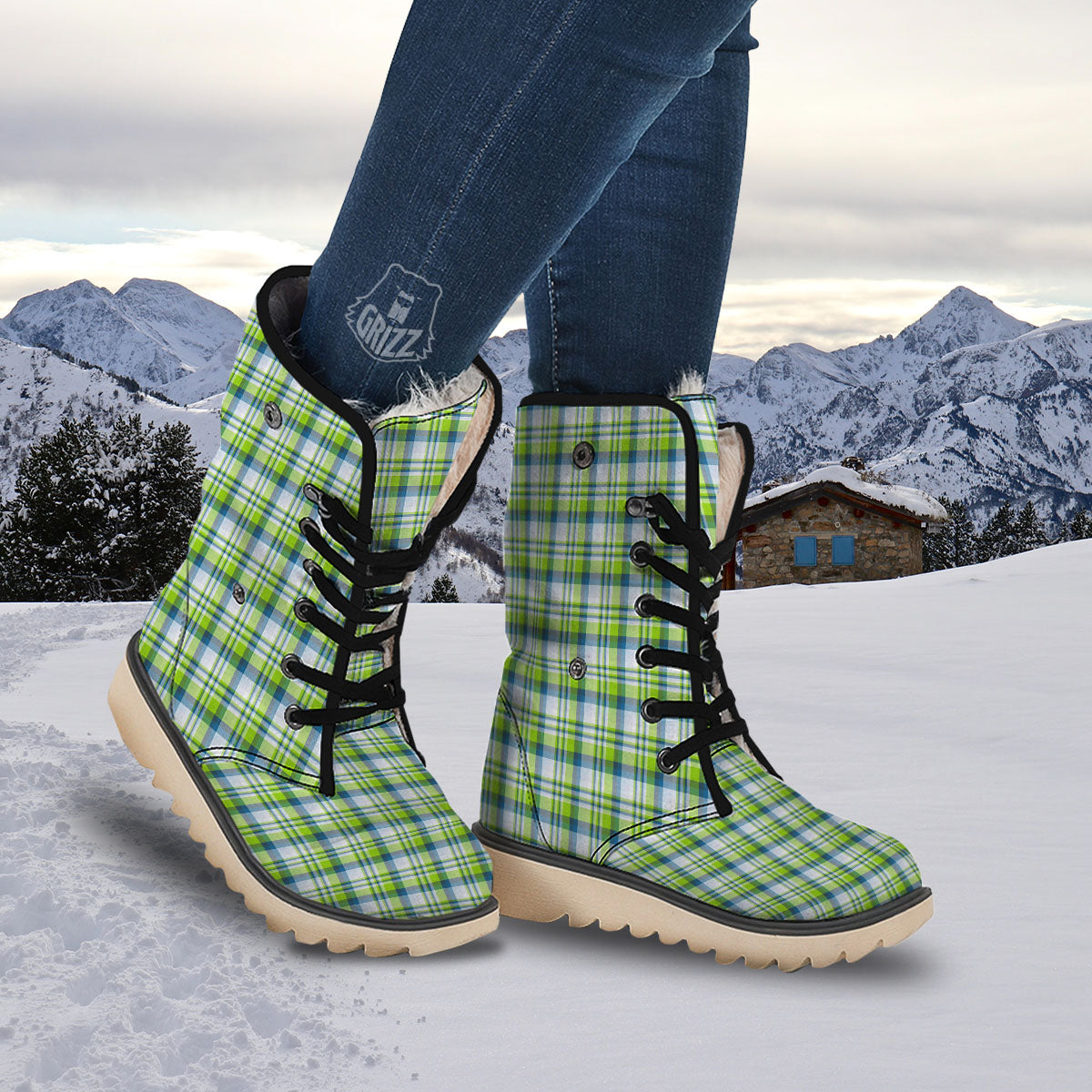 Blue Madras Plaid And Lime Print Pattern Snow Boots-grizzshop