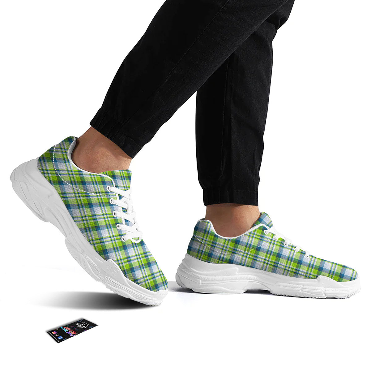 Blue Madras Plaid And Lime Print Pattern White Chunky Shoes-grizzshop