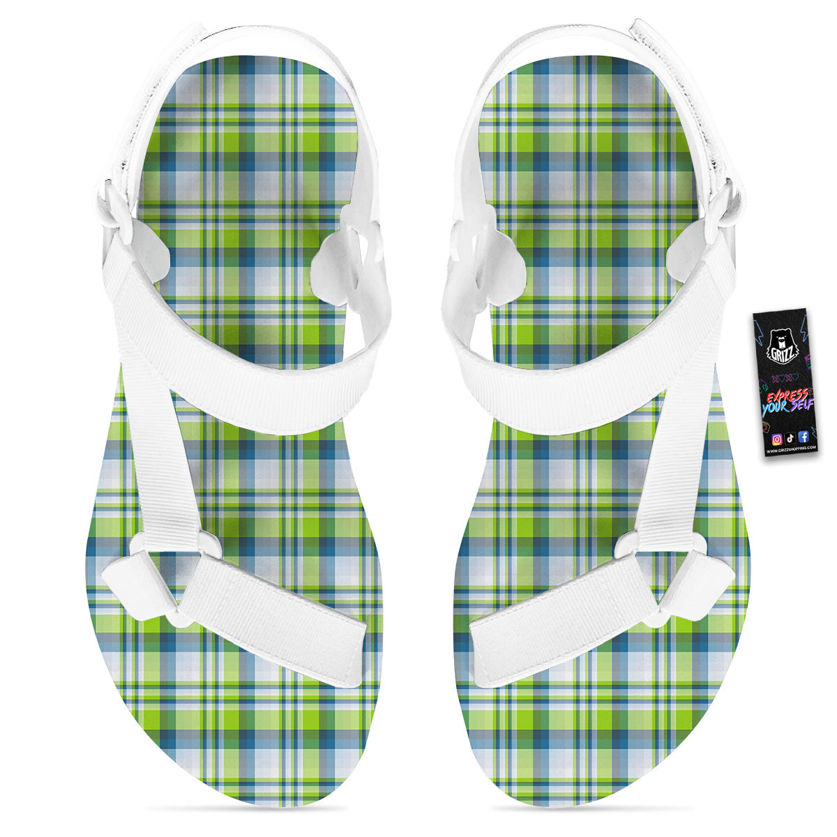 Blue Madras Plaid And Lime Print Pattern White Open Toe Sandals-grizzshop
