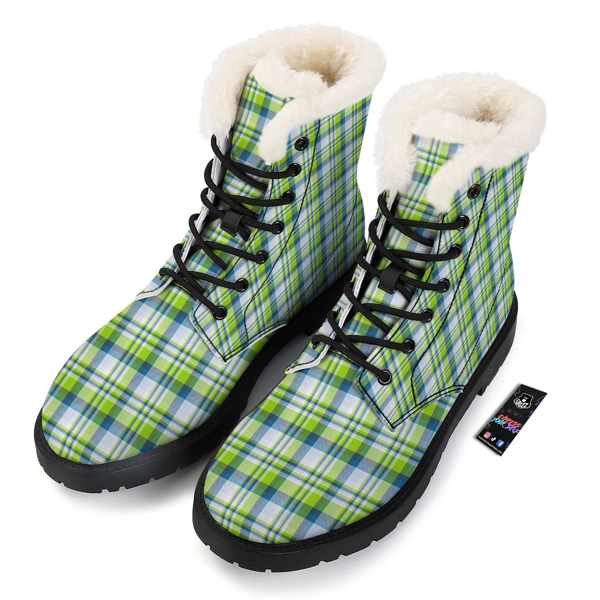 Blue Madras Plaid And Lime Print Pattern Winter Boots-grizzshop