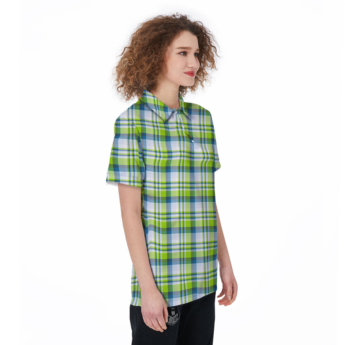 Blue Madras Plaid And Lime Print Pattern Women's Golf Shirts-grizzshop
