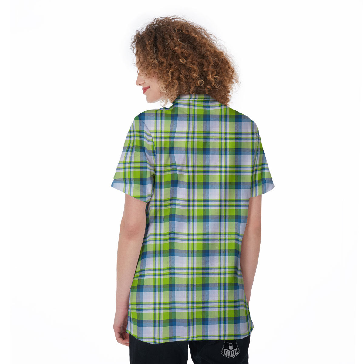 Blue Madras Plaid And Lime Print Pattern Women's Golf Shirts-grizzshop