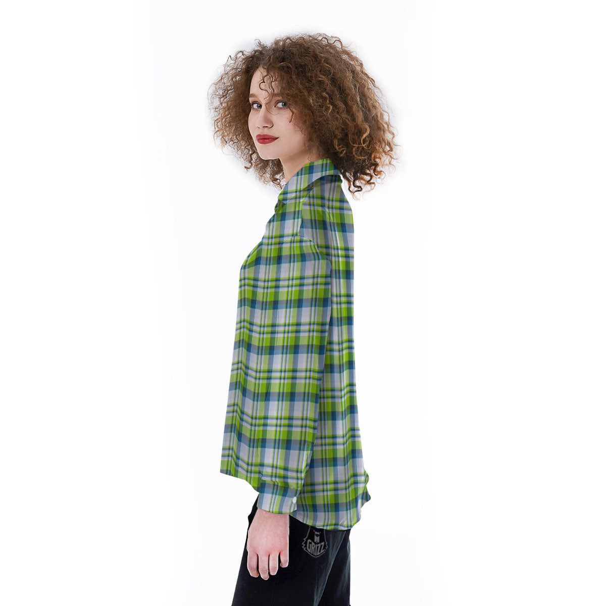 Blue Madras Plaid And Lime Print Pattern Women's Long Sleeve Shirts-grizzshop