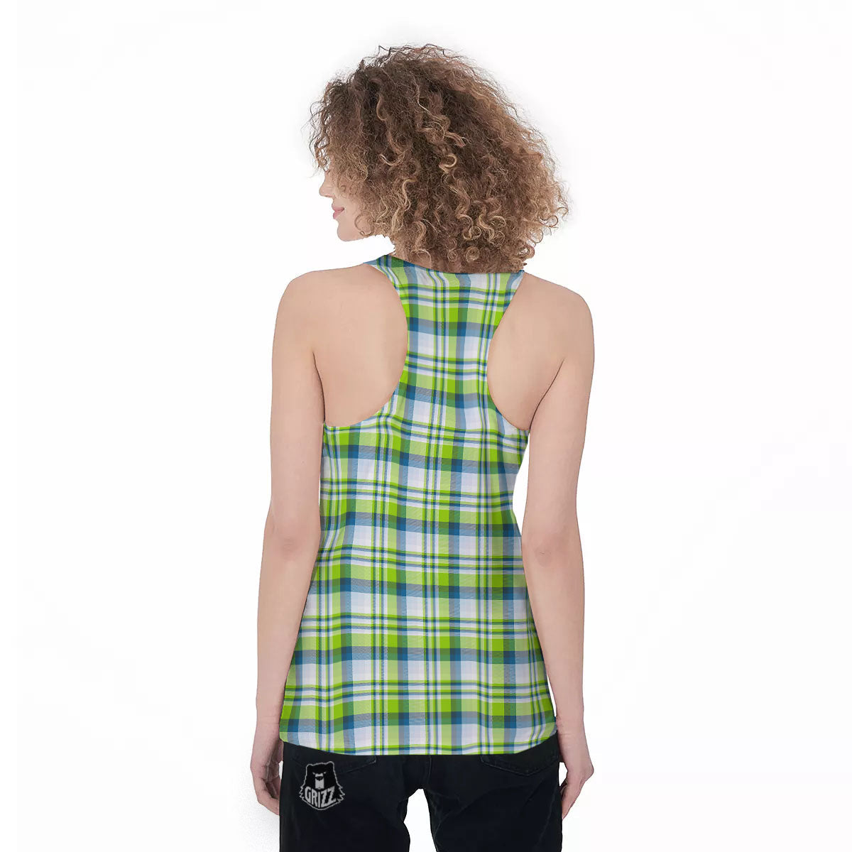 Blue Madras Plaid And Lime Print Pattern Women's Racerback Tank Top-grizzshop