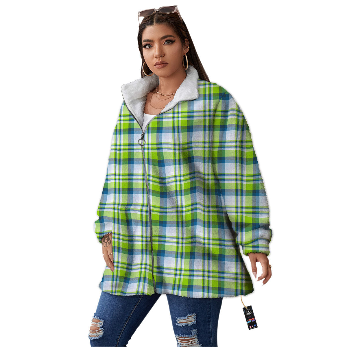Blue Madras Plaid And Lime Print Pattern Women's Sherpa Jacket-grizzshop