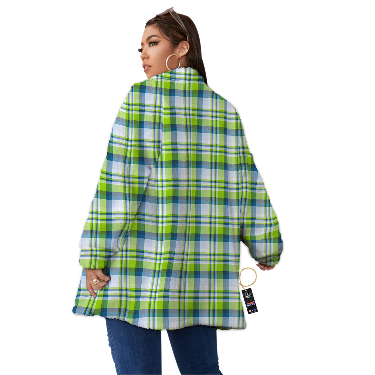 Blue Madras Plaid And Lime Print Pattern Women's Sherpa Jacket-grizzshop