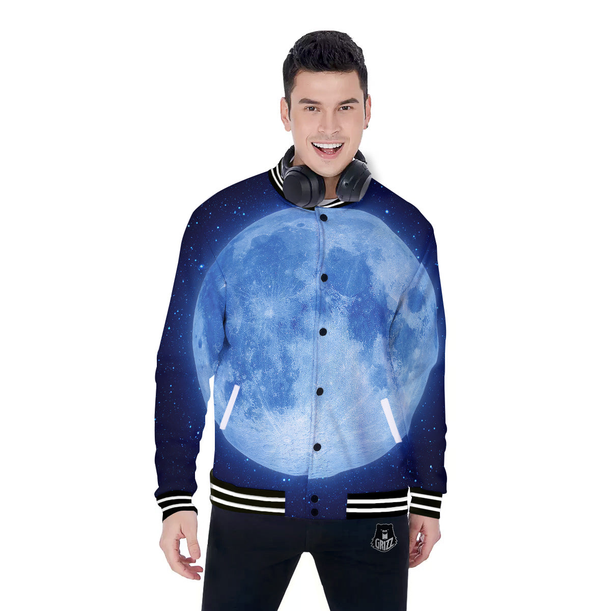 Blue Moon Print Baseball Jacket-grizzshop