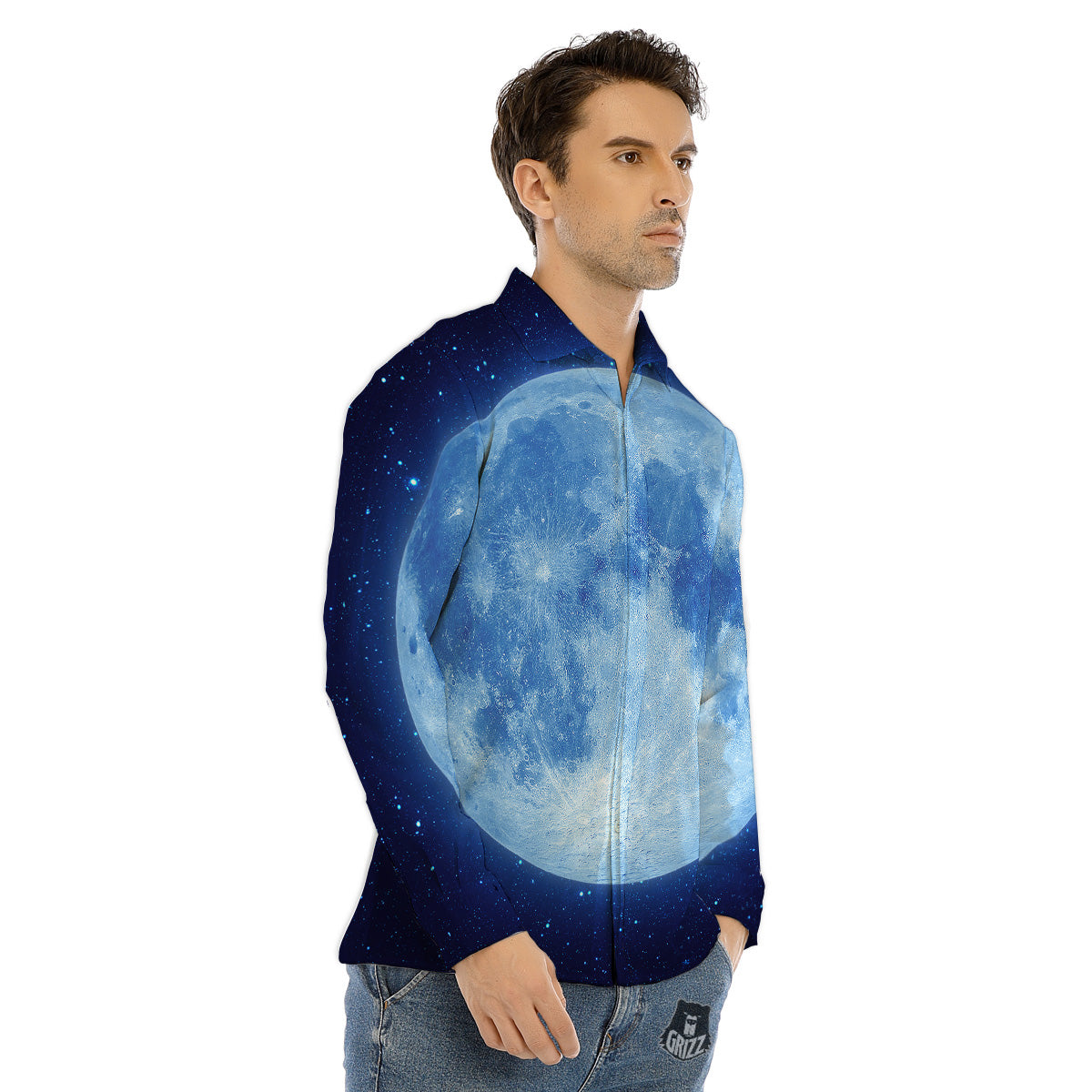 Blue Moon Print Men's Dress Shirts-grizzshop