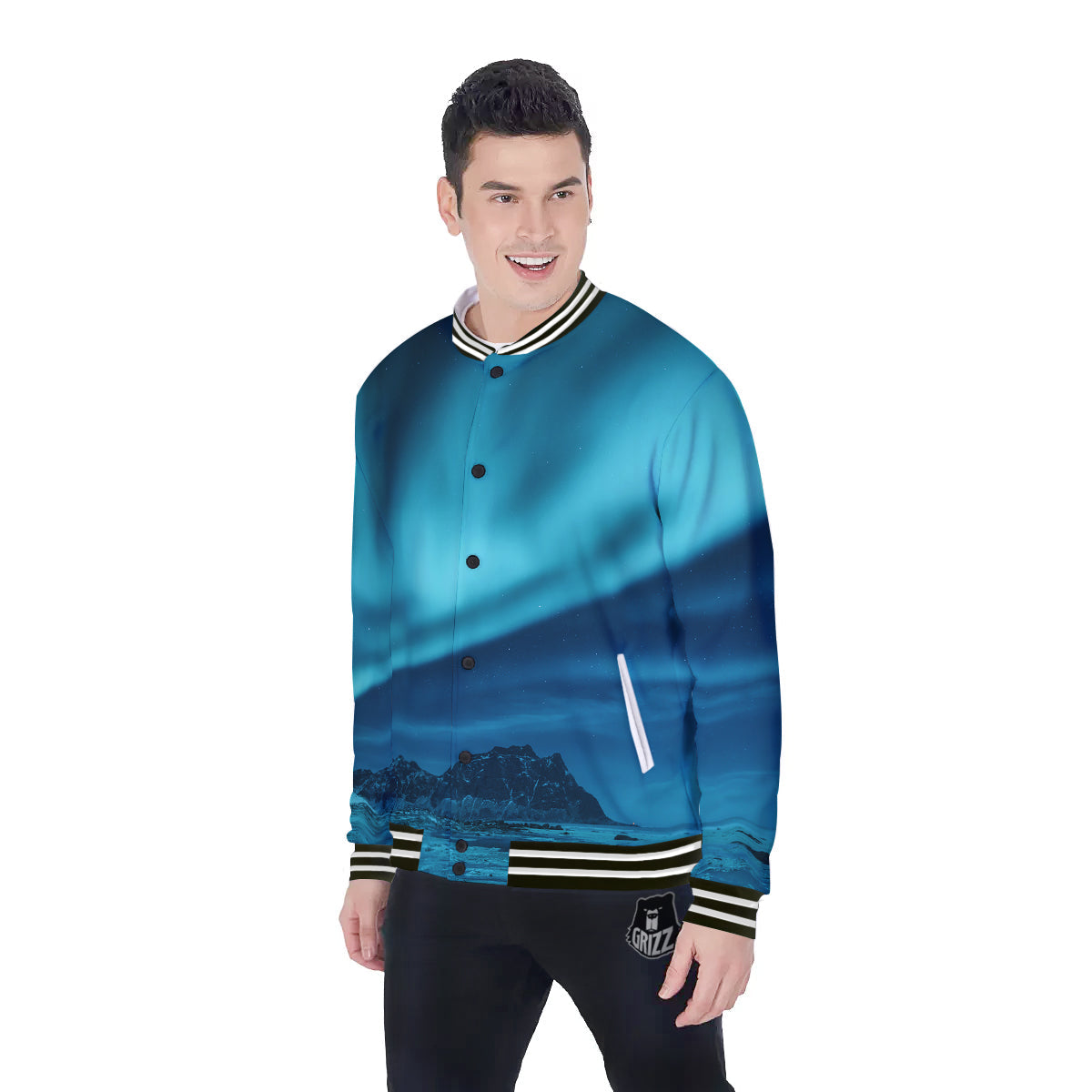 Blue Northern Lights And Mountain Print Baseball Jacket-grizzshop