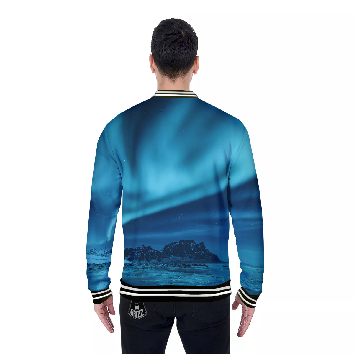 Blue Northern Lights And Mountain Print Baseball Jacket-grizzshop