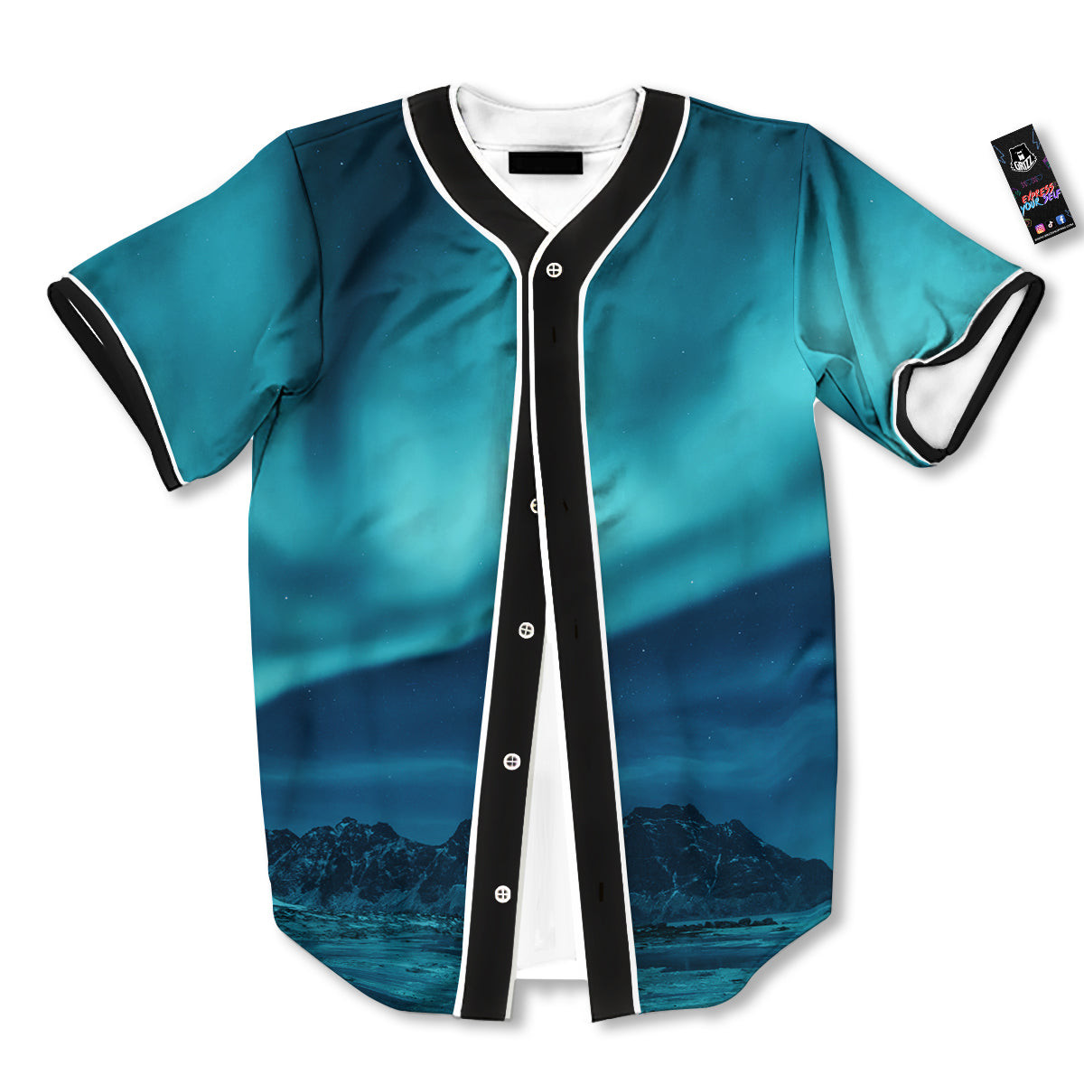 Blue Northern Lights And Mountain Print Baseball Jersey-grizzshop